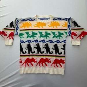 Vintage 80s Hand Knit Dinosaur Colorful Pattern Sweater